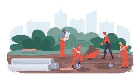 Flat cartoon industrial workers characters at pipeline construction work,vector Stock Illustration
