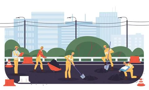 Flat cartoon industrial workers characters at road construction work,vector Stock Illustration