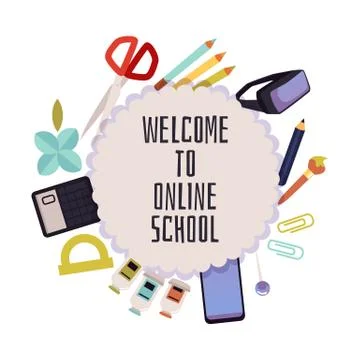 Flat cartoon isolated vector illustration with set of icons for online school Stock Illustration