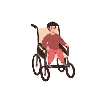 Flat cartoon kid character sits in wheelchair,disabled childrens care and Stock Illustration