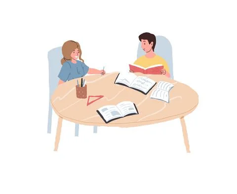 Flat cartoon kid characters students study at table,happy fun childhood and Stock Illustration