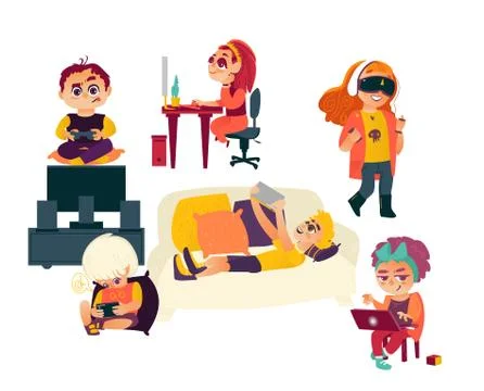 Flat cartoon kids using gadgets, technologies Stock Illustration