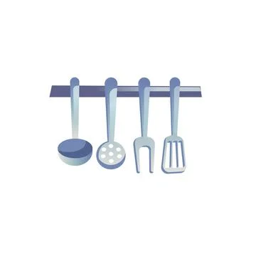 Flat cartoon kitchenware and kitchen utensils on hooks,home cooking,interior Illustrazione stock