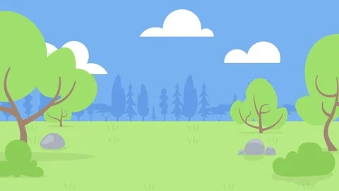 Flat cartoon landscape with trees bushes and clouds Stock Footage 340471606