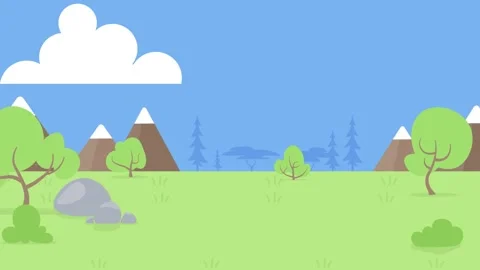 Flat cartoon landscape with trees mountains and pine trees Stock Footage 340471590