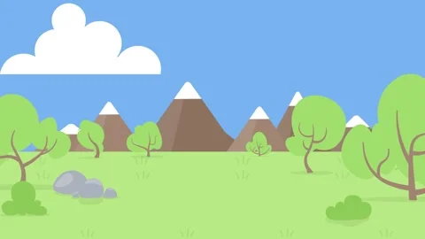 Flat cartoon landscape with trees mountains and clouds Stock Footage 340471603