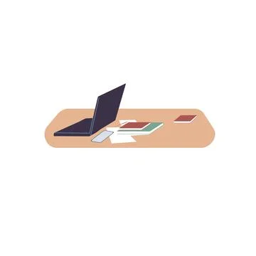 Flat cartoon laptop on work surface,electronic equipment,furniture and office Stock Illustration