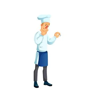 Flat cartoon man character chef at work,adding spices,restaurant staff and Illustrazione stock