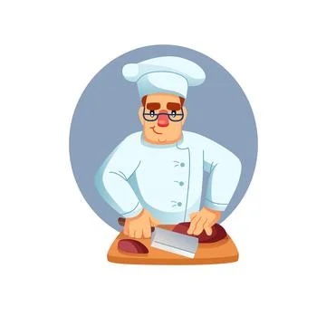 Flat cartoon man character chef cooks meal,cutting meat,professional food Stock-Illustration
