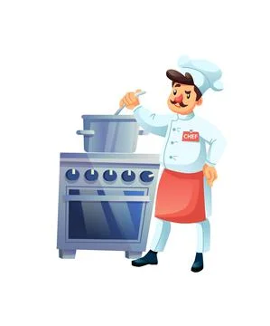 Flat cartoon man character chef cooks meal in saucepan,professional food cooking 库存插图