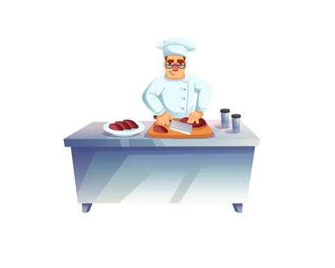 Flat cartoon man character chef cooks meal,cutting meat,professional food Stock Illustration