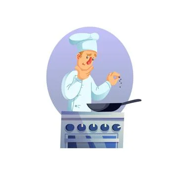 Flat cartoon man character chef cooks meal in pan,professional food cooking 库存插图