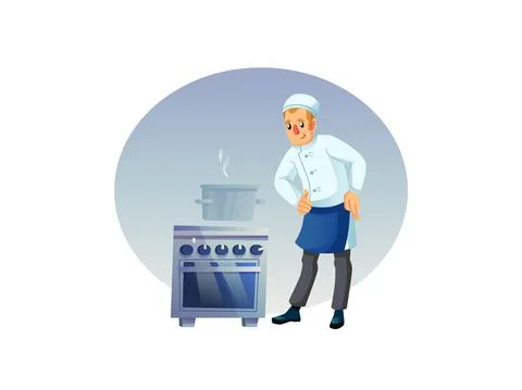 Flat cartoon man character chef cooks meal in saucepan,professional food cooking Stock-Illustration