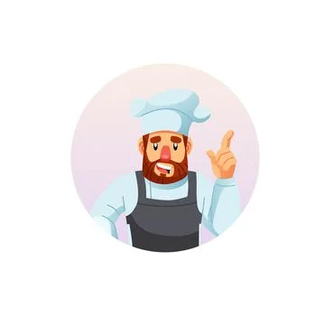 Flat cartoon man character chef at work shows teaching gesture,restaurant staff Stock Illustration
