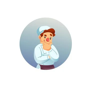 Flat cartoon man character chef assistant at work,thinking,restaurant staff and Stock Illustration