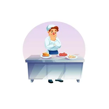 Flat cartoon man character chef cooks meal,choosing ingredients,professional Illustrazione stock