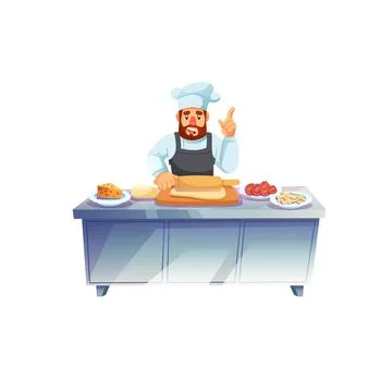 Flat cartoon man character chef cooks meal,teaches how to cook,professional food Stock Illustration