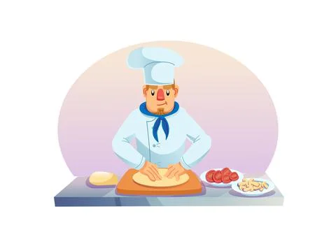 Flat cartoon man character chef cooks meal,preparing dough,professional food Stock Illustration