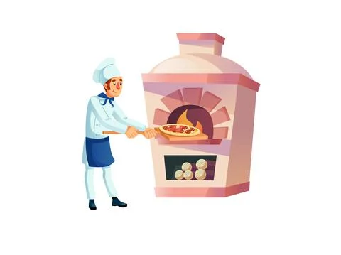 Flat cartoon man character chef cooks meal,baking pizza,professional food Illustrazione stock