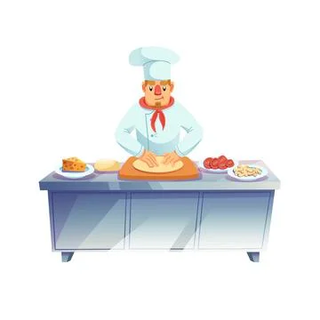Flat cartoon man character chef cooks meal,preparing dough,professional food Stock Illustration