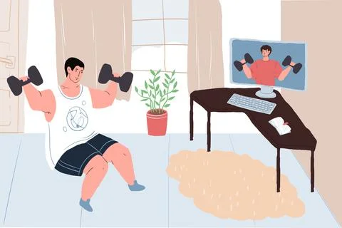 Flat cartoon man character doing sport workout at home,sports online app using Stock Illustration