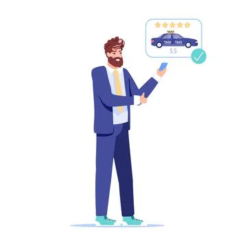 Flat cartoon man character order taxi with mobile app,vector illustration Stock Illustration