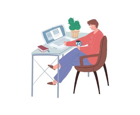 Flat cartoon man character using computer,online learning and freelance work Stock Illustration