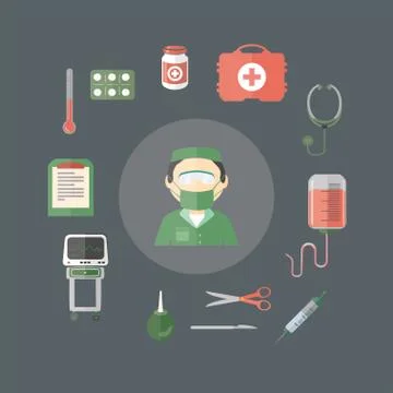 Flat cartoon medical tools instruments set green and red, steel Stock Illustration