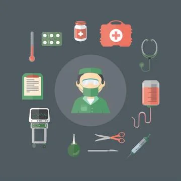 Flat cartoon medical tools instruments set green and red, steel Stock Illustration