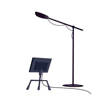 Flat cartoon microphone on stand and rack,professional TV studio equipment for Stock Illustration