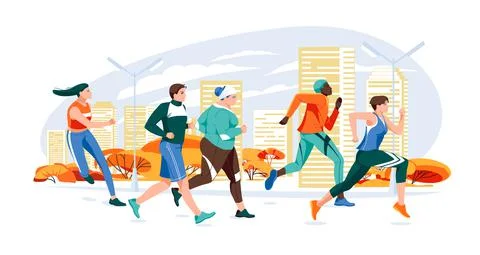 Flat cartoon modern vector illustration of running men and women in autumn city. Stock Illustration