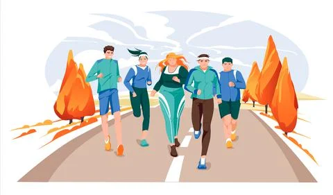 Flat cartoon modern vector illustration of running men and women イラスト素材