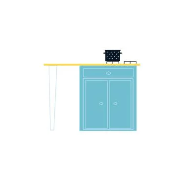 Flat cartoon pan on cooking table with cabinet,home furniture,kitchen interior Stock Illustration