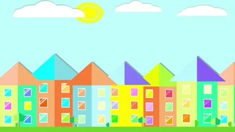 Flat cartoon panoramic city day clouds Stock Footage 81037984