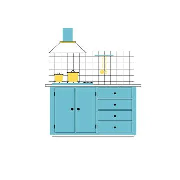 Flat cartoon pans on cooking table with cabinet,home furniture,kitchen set Stock Illustration