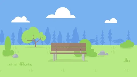 Flat cartoon park scene with bench trees and clouds Stock Footage 340471620