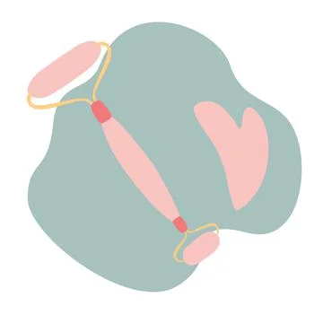 Flat cartoon pink stone face massage roller and gua che scraper. Derma beauty Stock Illustration