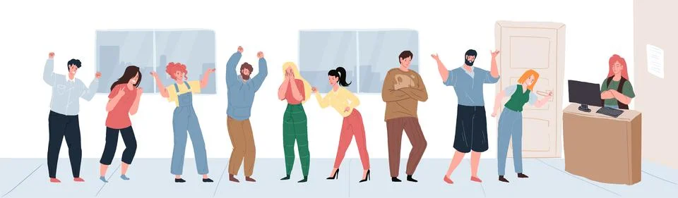 Flat cartoon queue of characters in aggressive mood,conflict scene vector Stock Illustration