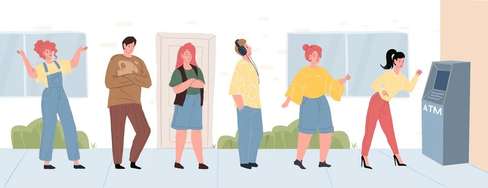 Flat cartoon queue of characters in aggressive mood,conflict scene vector Stock Illustration