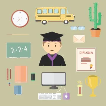 Flat cartoon School Set with objects for study awards and prizes. School bus Stock Illustration