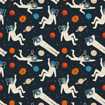 Flat cartoon seamless pattern with cosmos elements - galaxy, astronaut, stars Stock Illustration