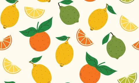 Flat cartoon seamless texture with lemon, lime, orange, leaves and wedges i.. Stock Illustration