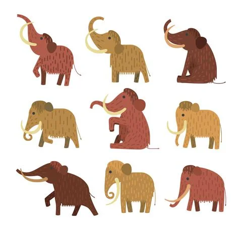 Flat cartoon set of mammoth in different poses - vector illustration Stock Illustration