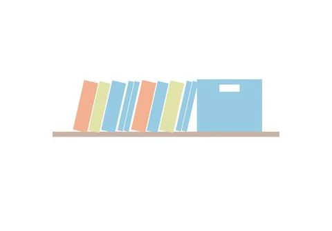 Flat cartoon shelf with different books and stuff,furniture and interior Illustrazione stock