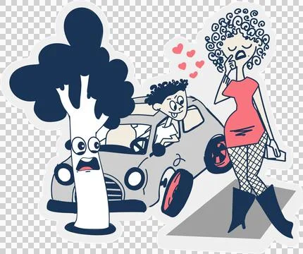 Flat cartoon is showing car hitting tree with woman texting on smartphone, Stock Illustration