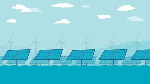 Flat cartoon side view of Offshore solar farm panels at Ocean or sea Stock Illustration