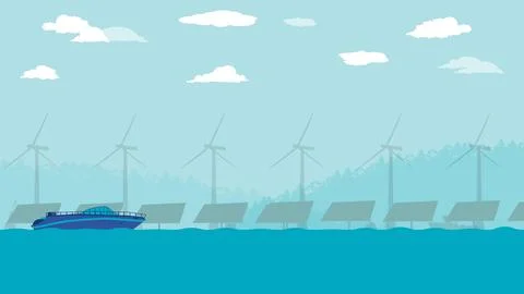 Flat cartoon side view of Offshore solar farm panels at Ocean or sea with s.. Stock Illustration