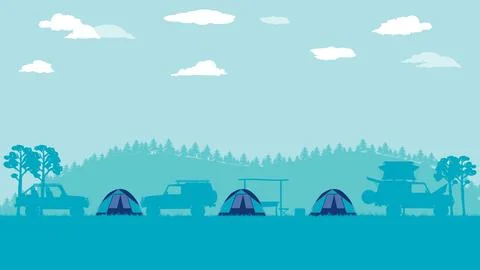 Flat cartoon side view of off road vehicle car camping with forest mountain.. Stock Illustration
