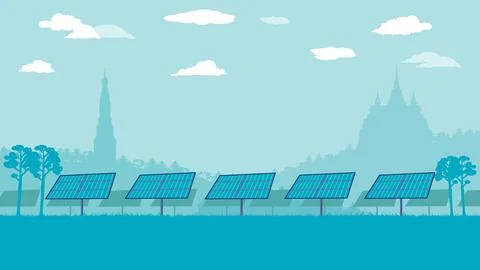 Flat cartoon side view of solar farm panels on land Stock Illustration