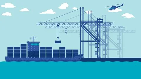 Flat cartoon side view of transport cargo sea ship loading containers and har Stock Illustration